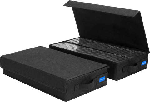 USED "BLACK" cassette Tape Storage Box with Handles and Lid – Cassette Tape Holder and Organizer with External Label Slots, Stackable Cassette Storage Rack