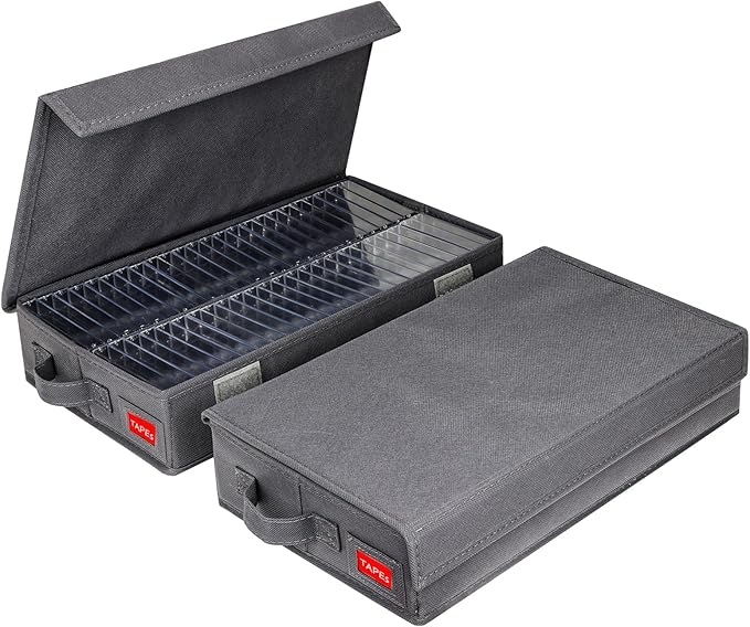 USED "GREY"  cassette Tape Storage Box with Handles and Lid – Cassette Tape Holder and Organizer with External Label Slots, Stackable Cassette Storage Rack