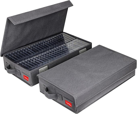 USED "GREY"  cassette Tape Storage Box with Handles and Lid – Cassette Tape Holder and Organizer with External Label Slots, Stackable Cassette Storage Rack
