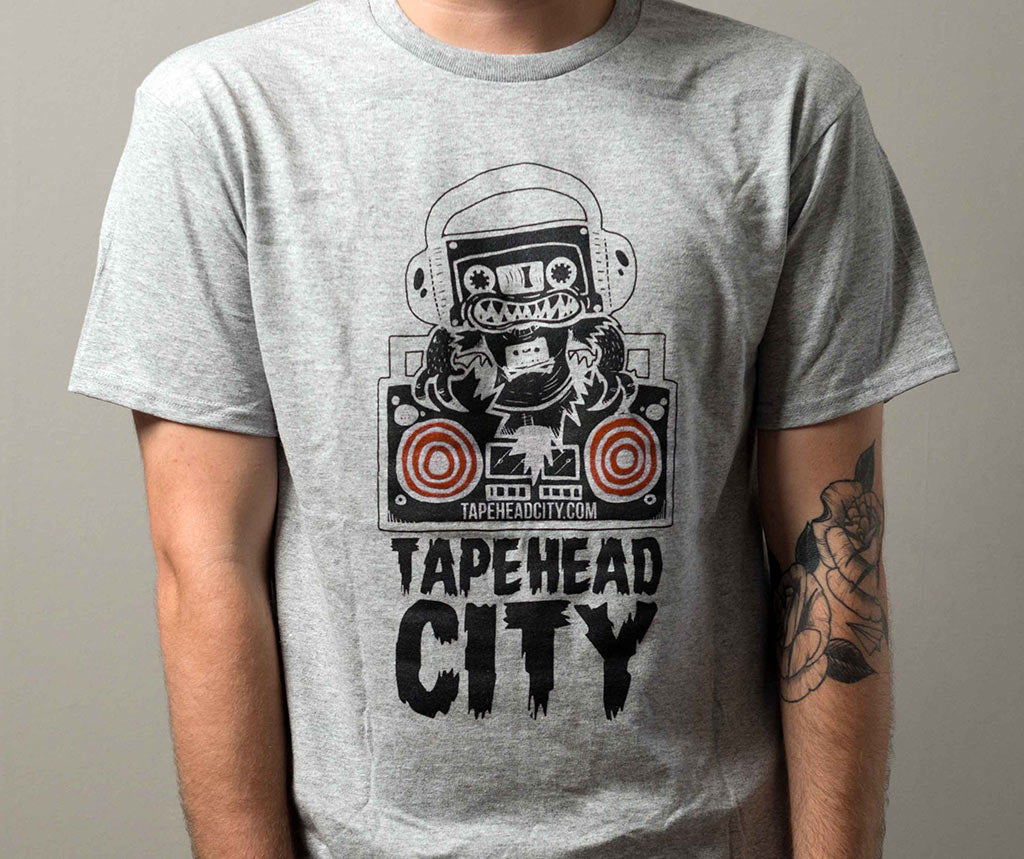 Tapehead City classic logo - grey t-shirt - RED SPEAKERS