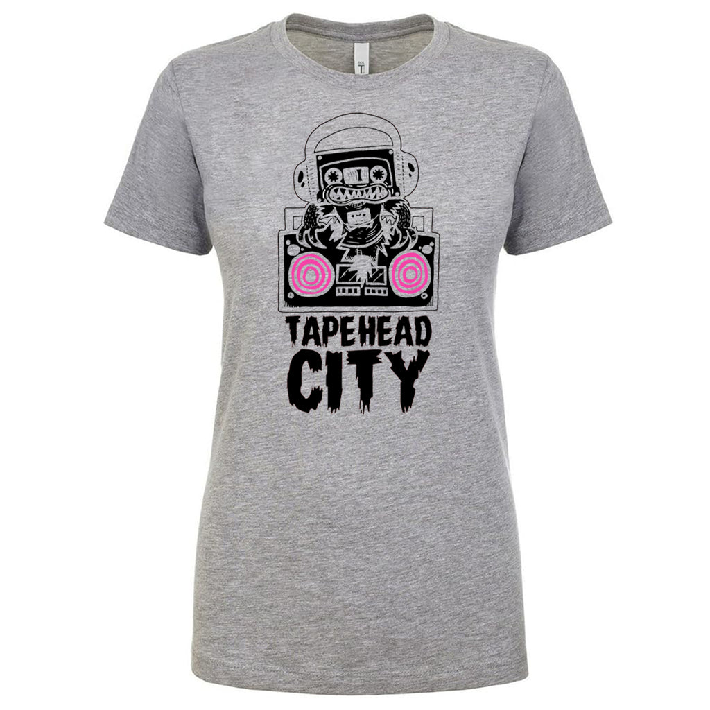 Tapehead City logo - Heather Grey (pink speakers) - womans T-shirt [XL only]