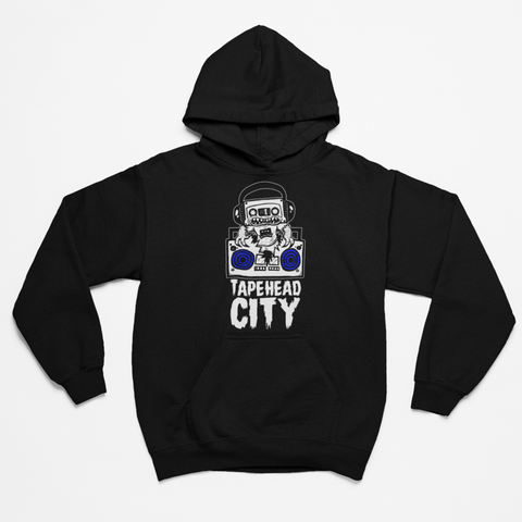 Tapehead city black hoodie - WHITE LOGO / BLUE SPEAKERS