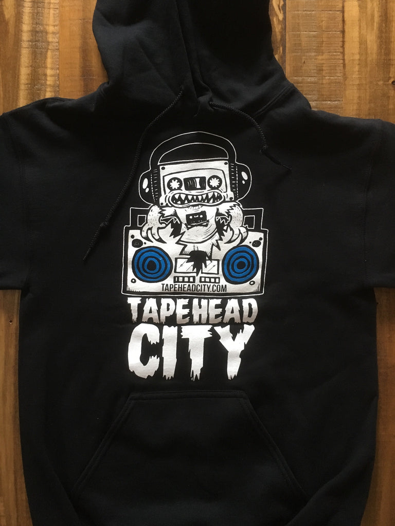 Tapehead city black hoodie - WHITE LOGO / BLUE SPEAKERS