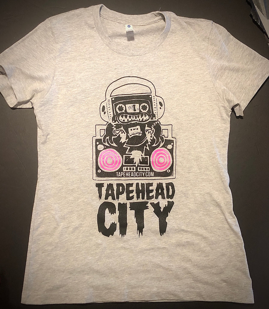 Tapehead City logo - Heather Grey (pink speakers) - womans T-shirt [XL and 2XL]