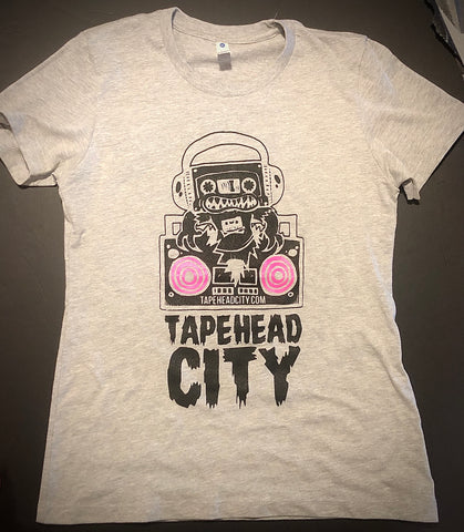 Tapehead City logo - Heather Grey (pink speakers) - womans T-shirt